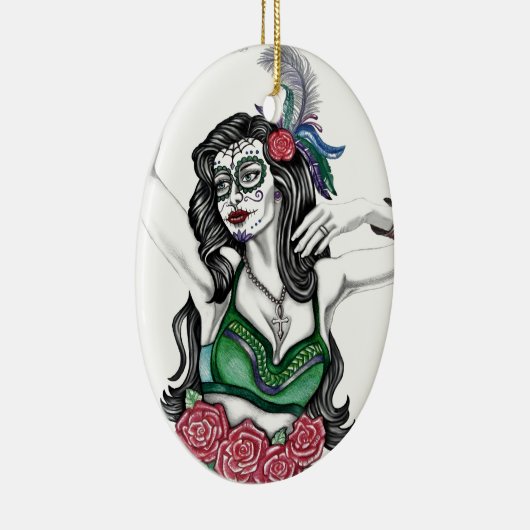 Suiker schedelvrouw met Rozen Keramisch Ornament (Rechts)