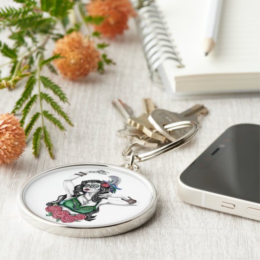 Suiker schedelvrouw met Rozen Sleutelhanger (Zijkant)