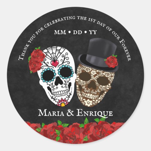 Suiker Skull Bruiloft Ronde Sticker (Voorkant)