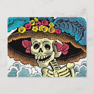 Suiker Skull Dame in Bloemrijke Zonnehoed Pop Art  Briefkaart
