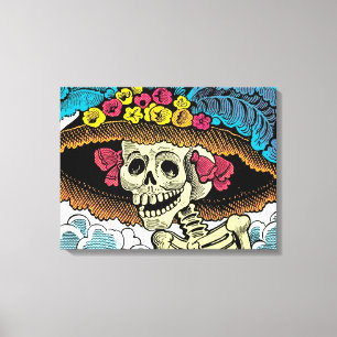 Suiker Skull Dame in Bloemrijke Zonnehoed Pop Art Canvas Afdruk