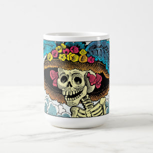 Suiker Skull Dame in Bloemrijke Zonnehoed Pop Art Koffiemok
