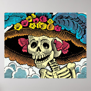 Suiker Skull Dame in Bloemrijke Zonnehoed Pop Art Poster