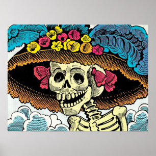 Suiker Skull Dame in Bloemrijke Zonnehoed Pop Art  Poster