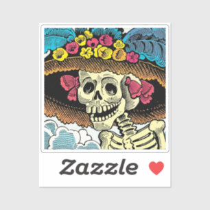 Suiker Skull Dame in Bloemrijke Zonnehoed Pop Art  Sticker