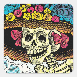 Suiker Skull Dame in Bloemrijke Zonnehoed Pop Art  Vierkante Sticker