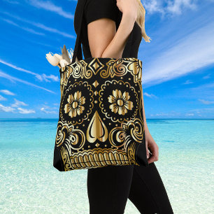 Suiker Skull Kunst, Dag van de Doden Zwart en Goud Tote Bag