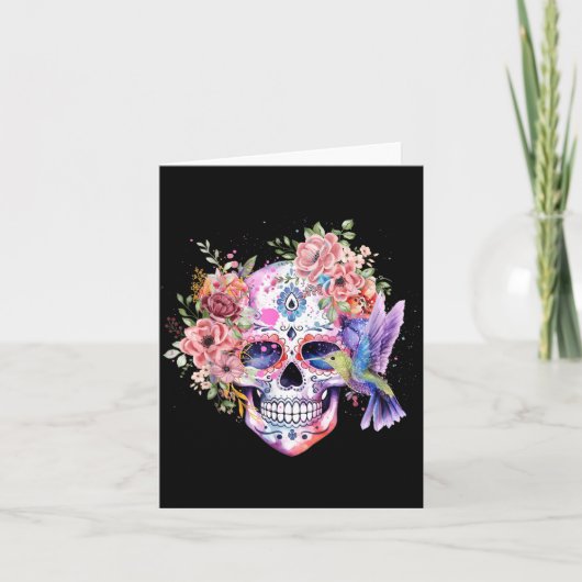 Suiker Skull Retro Bloem met Kolibrie Kaart (Voorkant)