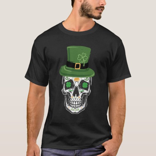 Suiker Skull St Patrick Dag Leprechaun Shamrock T-shirt (Voorkant)