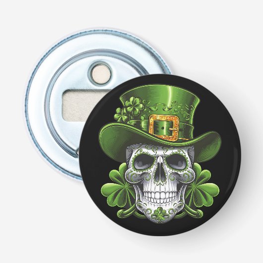 Suiker Skull St. Patrick's Day Klaver Button Flesopener (Voorkant)