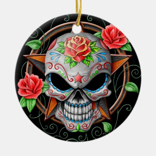 Suiker Skull Star, zwart Keramisch Ornament (Voorkant)