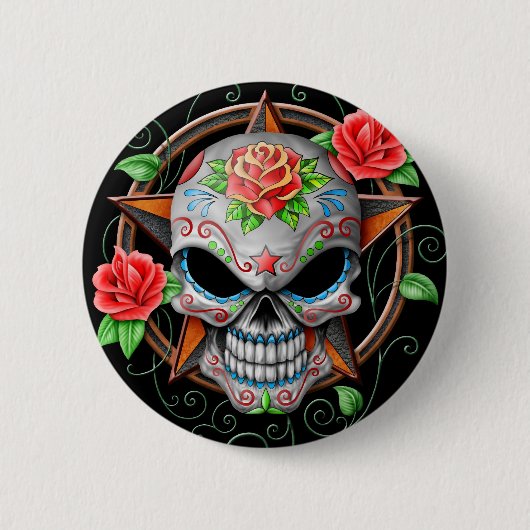Suiker Skull Star, zwart Ronde Button 5,7 Cm (Voorkant)
