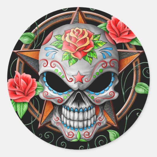 Suiker Skull Star, zwart Ronde Sticker (Voorkant)