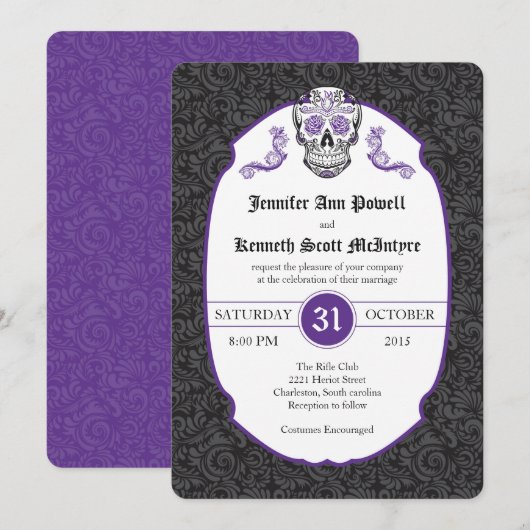 Suiker Skull Violet Damast Trouw Uitnodigingen (Voorkant / Achterkant)