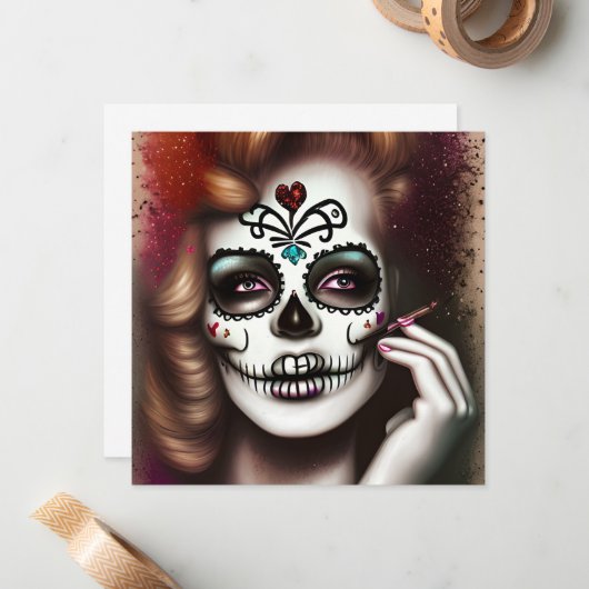 Suiker Skull Vrouw Donkere Grunge Gotische Stea Notitiekaartje (Voorkant / Achterkant in situ)