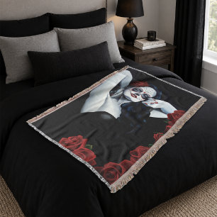 Suiker Skull Vrouw Gothic Zwarte Rode Rozen Portre Deken