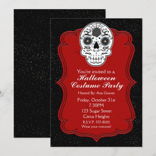 Suiker Skull Zwart Wit & Rode Feest Uitnodiging (Voorkant / Achterkant)