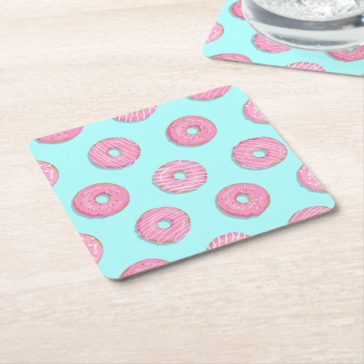 Suiker Zoet Roze Geglazuurde Donuts Kartonnen Onderzetters (Schuin)