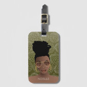 Suikerappelpatroon, zwarte vrouw, olijfgroen bagagelabel (Voorkant (verticaal))