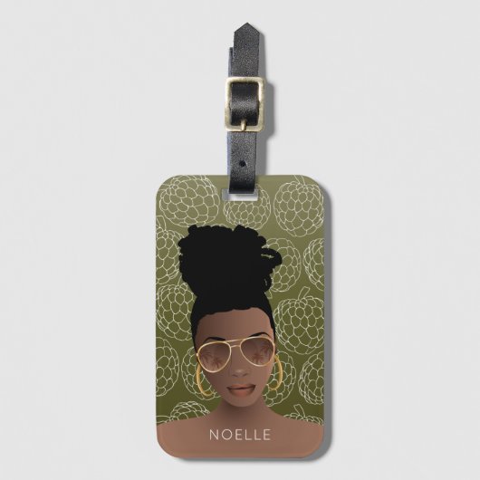 Suikerappelpatroon, zwarte vrouw, olijfgroen bagagelabel (Voorkant (verticaal))