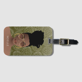 Suikerappelpatroon, zwarte vrouw, olijfgroen bagagelabel