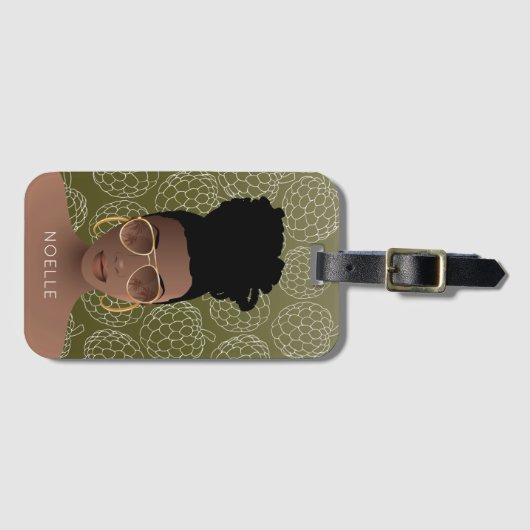 Suikerappelpatroon, zwarte vrouw, olijfgroen bagagelabel (Voorkant (horizontaal))