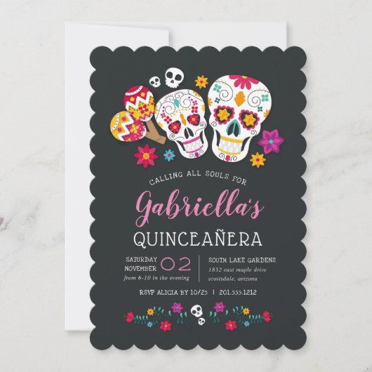Suikerhuid Dag van het dode thema Quinceanera Kaart (Voorkant)