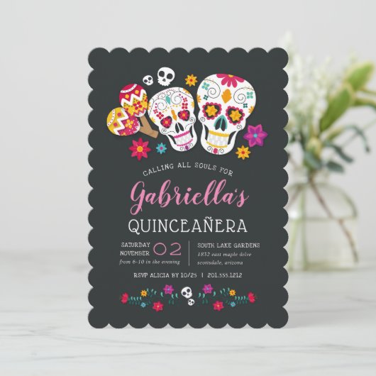 Suikerhuid Dag van het dode thema Quinceanera Kaart (Staand voorkant)