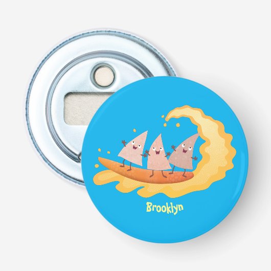 Suikernachos-maïschips surfende cartoon button flesopener (Voorkant)