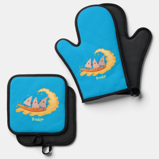 Suikernachos-maïschips surfende cartoon ovenwant & pannenlap set (Voorkant / Achterkant)