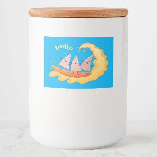 Suikernachos-maïschips surfende cartoon voedselcontainer etiket (Voorkant)