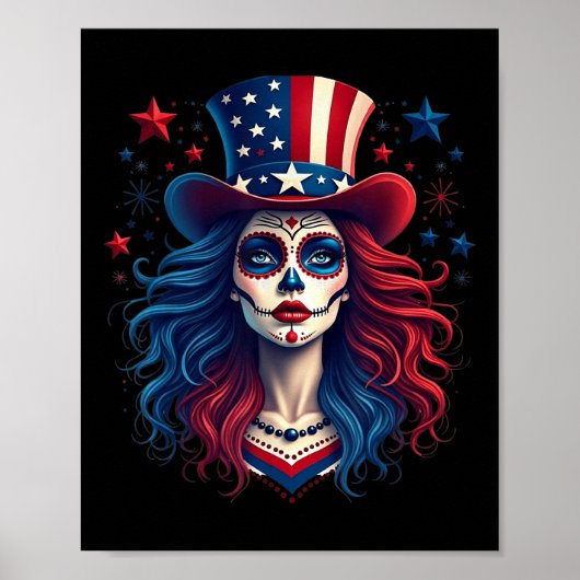 Suikerschedel 4 juli Amerikaanse vlag skelet Wom Poster (Voorkant)