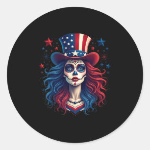 Suikerschedel 4 juli Amerikaanse vlag skelet Wom Ronde Sticker
