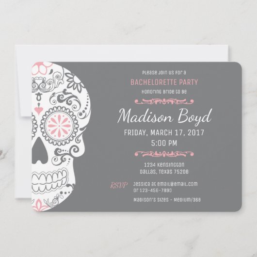 Suikerschedel Bachelorette Pink & Grey Invitae Kaart (Voorkant)