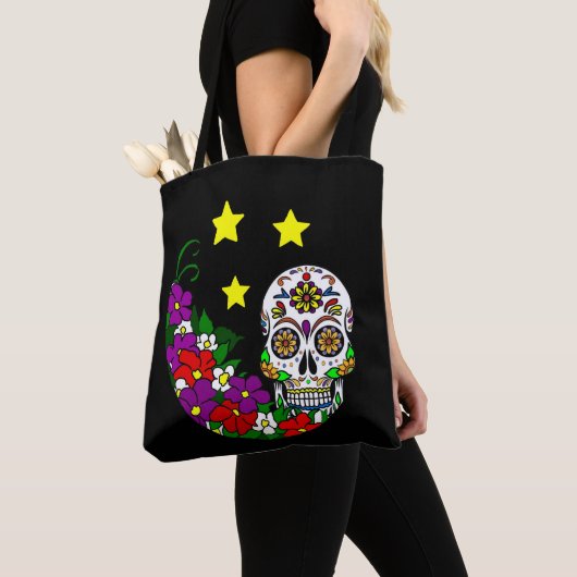 Suikerschedel, bloemen en sterren tote bag (Dichtbij)