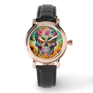 Suikerschedel Bloemen Rozen Zonnebloem gepersonali Horloge