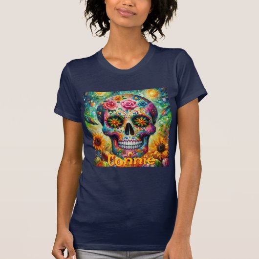 Suikerschedel Bloemen Rozen Zonnebloem gepersonali T-shirt (Voorkant)