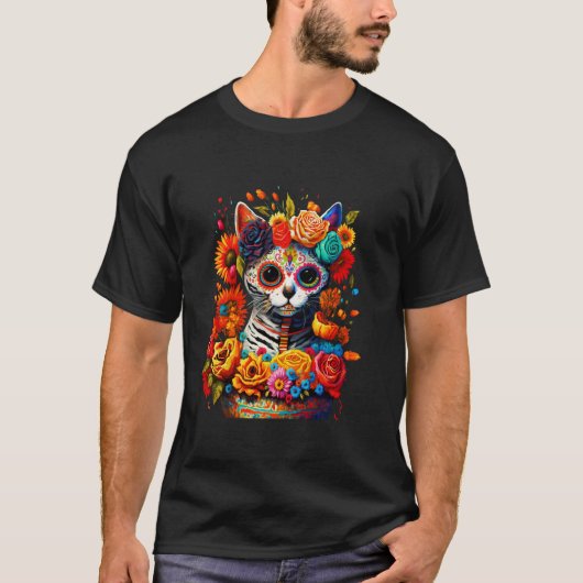 Suikerschedel Cat de los Muertos la Catrina Dag va T-shirt (Voorkant)