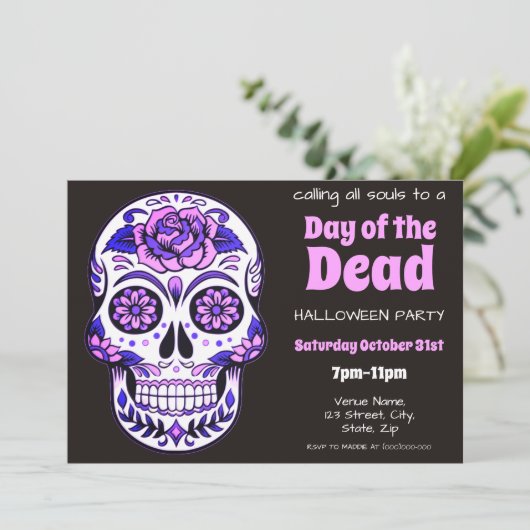 suikerschedel | Dag van de Dode Halloween Uitnodig Kaart (Staand voorkant)