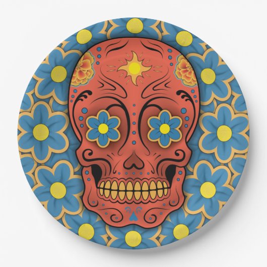 Suikerschedel - Dag van de dood (Blauwe Dagen) Papieren Bordje (Voorkant)