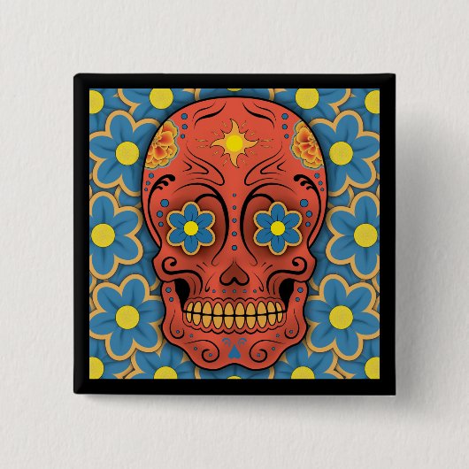 Suikerschedel - Dag van de dood (Blauwe Dagen) Vierkante Button 5,1 Cm (Voorkant)