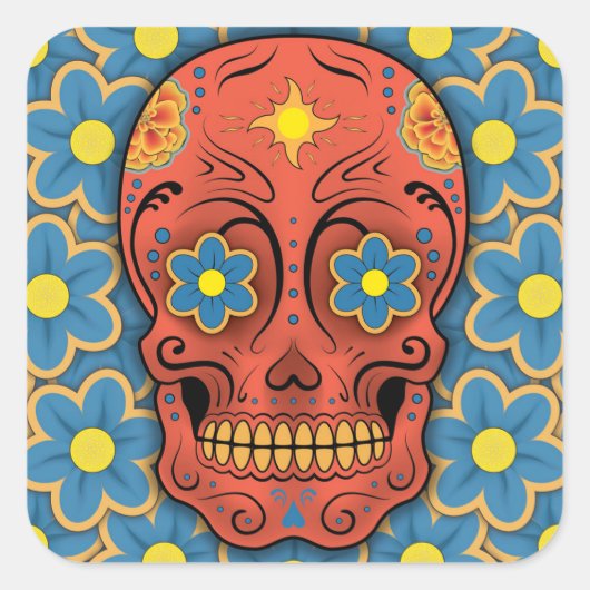 Suikerschedel - Dag van de dood (Blauwe Dagen) Vierkante Sticker (Voorkant)