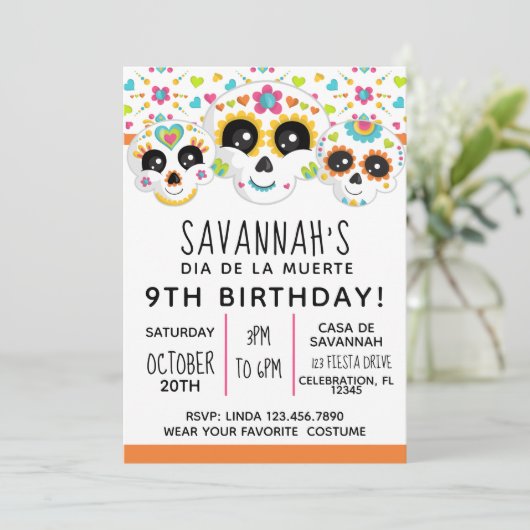 Suikerschedel Dia de la Muerte Halloween Birthday  Kaart (Staand voorkant)