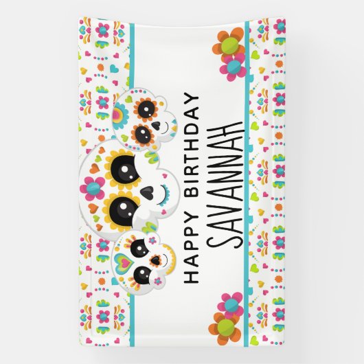 Suikerschedel Dia de la Muerte Halloween Birthday  Spandoek (Verticaal)