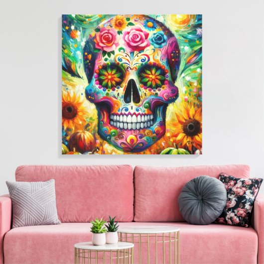 Suikerschedel Dia De Los Muertos Dag van de dood Canvas Afdruk (Insitu (Woonkamer))