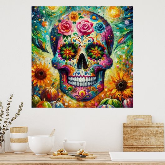 Suikerschedel Dia De Los Muertos Dag van de dood Poster (Keuken)