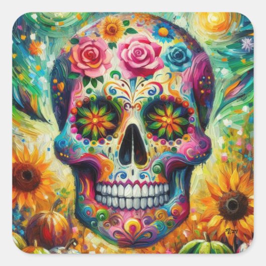 Suikerschedel Dia De Los Muertos Dag van de dood Vierkante Sticker (Voorkant)