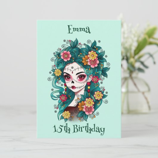 Suikerschedel Dia de Muertos Quinceañera Verjaarda Kaart (Staand voorkant)