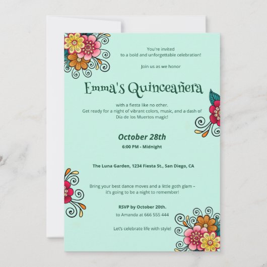 Suikerschedel Dia de Muertos Quinceañera Verjaarda Kaart (Achterkant)