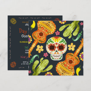 Suikerschedel en gitaren Dia de Muertos Invitation Kaart